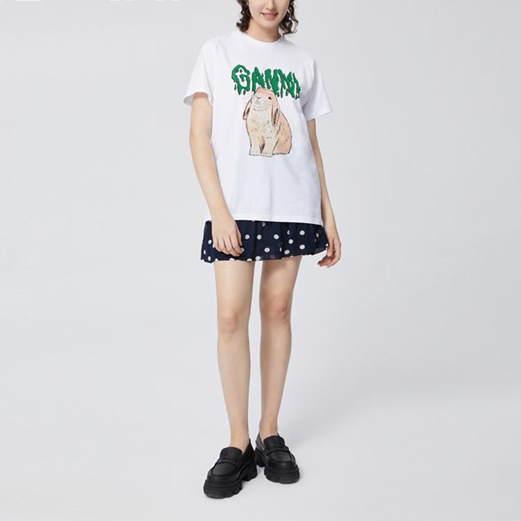Ganni Rabbit Pattern Round Neck T-Shirt Women tops White T2778151