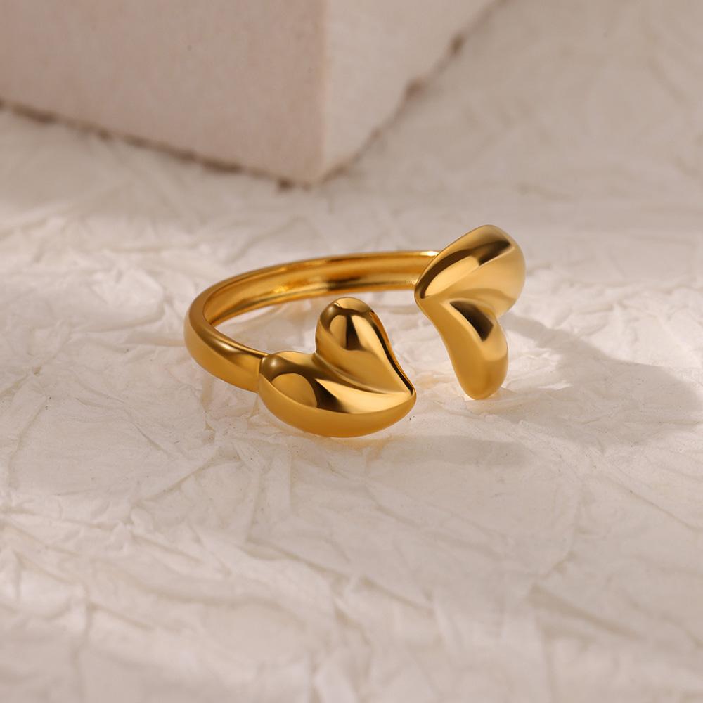 Double Heart Rings For Women Gold Color Stainless Steel Open Adjustable Ring Female Fashion Party Wedding Aesthetic Jewelry Gift
