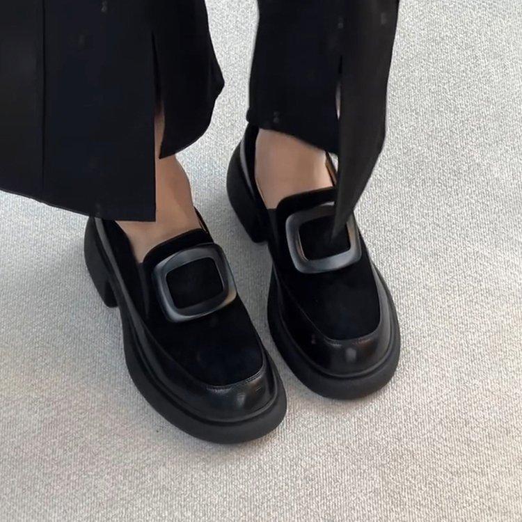 

Soft leather version~ one-pedal round head matte suede platform loafers women s middle heel silent black small leather shoes single shoes 35