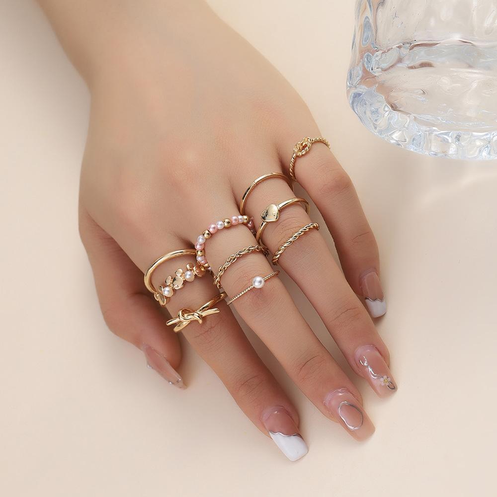 Gold-plated knotted ring imitation pearl 10-piece set, ring jewelry metal ring joint ring versatile love ring women
