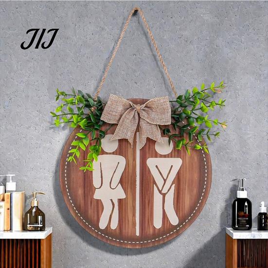 Wooden Hanging Sign for Home Restroom Sign, Men's And Women's Toilet Bathroom Wall Gender Neutral Round Rustic Farmhouse Plaque Washroom Decor