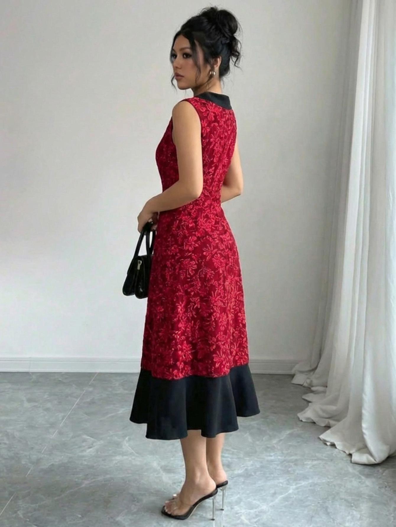 Элегантное длинное красное платье в французском стиле S [85-100] винный/красный