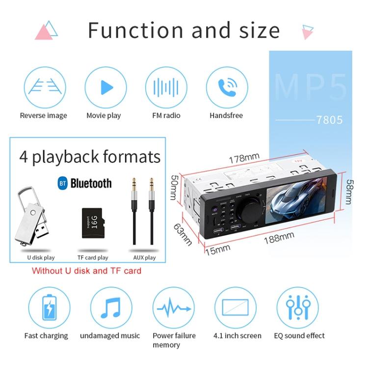 7805 4.1 Inch Universal Car Radio Receiver MP5 Player, Support FM & Bluetooth & TF Card with Remote Control