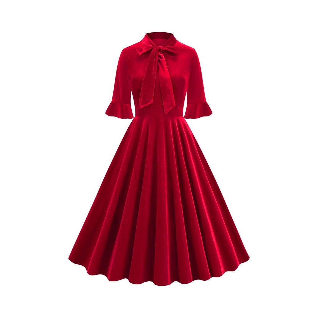 European and American clothes, dresses, short sleeves, new bows, retro elegant medium and long skirts