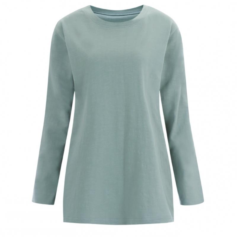 Shop Women Loose FiT Slub Round Long Sleeve CoTTon T shirT Dark Khaki Dai Wsh