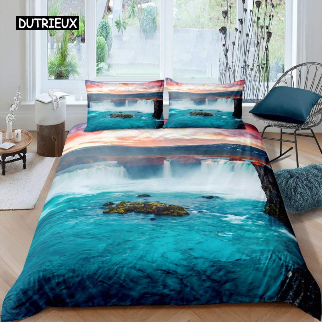 3D Waterfall Duvet Cover Set King Size Microfiber Botanical Floral Trees Pattern Bedding Set Purple Dream Theme Comforter Cover
