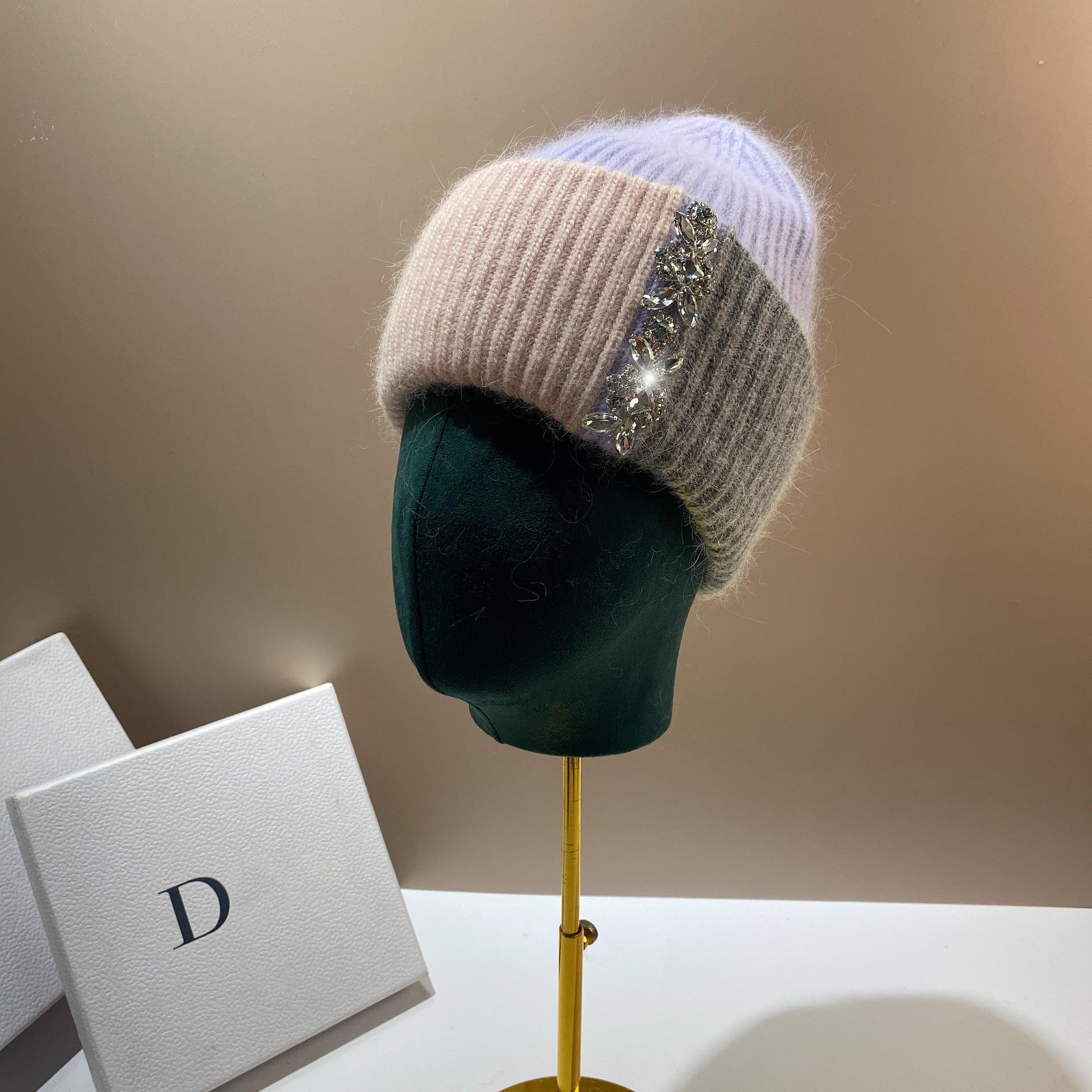 Light Luxury Celebrity Xiaoxiangfeng Rhinestone Rabbit Fur Knitted Hat Color Matching Wool Pullover Hat Winter Warm Cold Hat Woman One size fits all