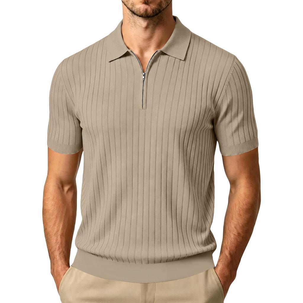 Men's Summer Short Sleeve Polo Shirt Ribbed Knit Half Zip Collar Casual Lightweight Breathable Pullover Top for Everyday Wear