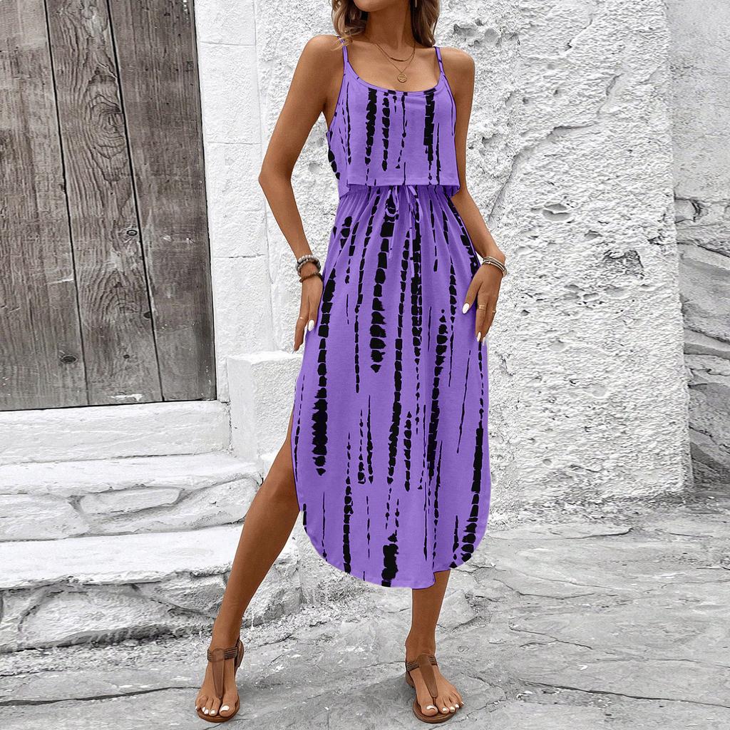 Women's Fashionable Retro Printed Camisole Waist Cinching Casual Dress