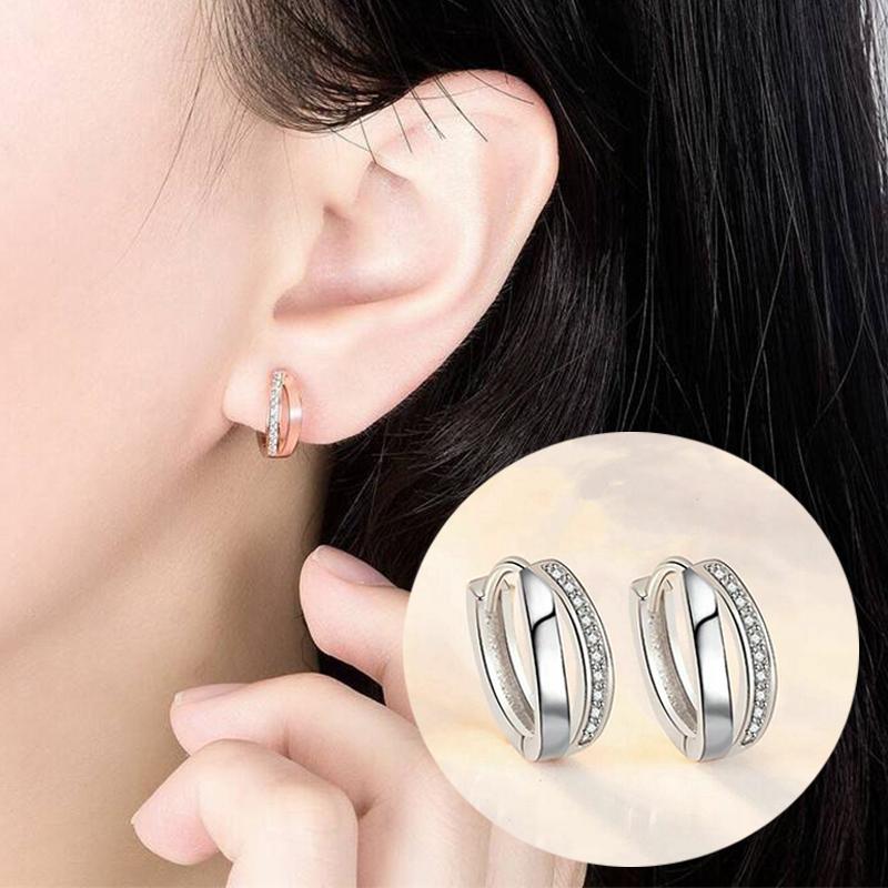 

Hoop Double Jewellery UK Layer Earrings 925 Sterling Crystal Huggie Silver Women