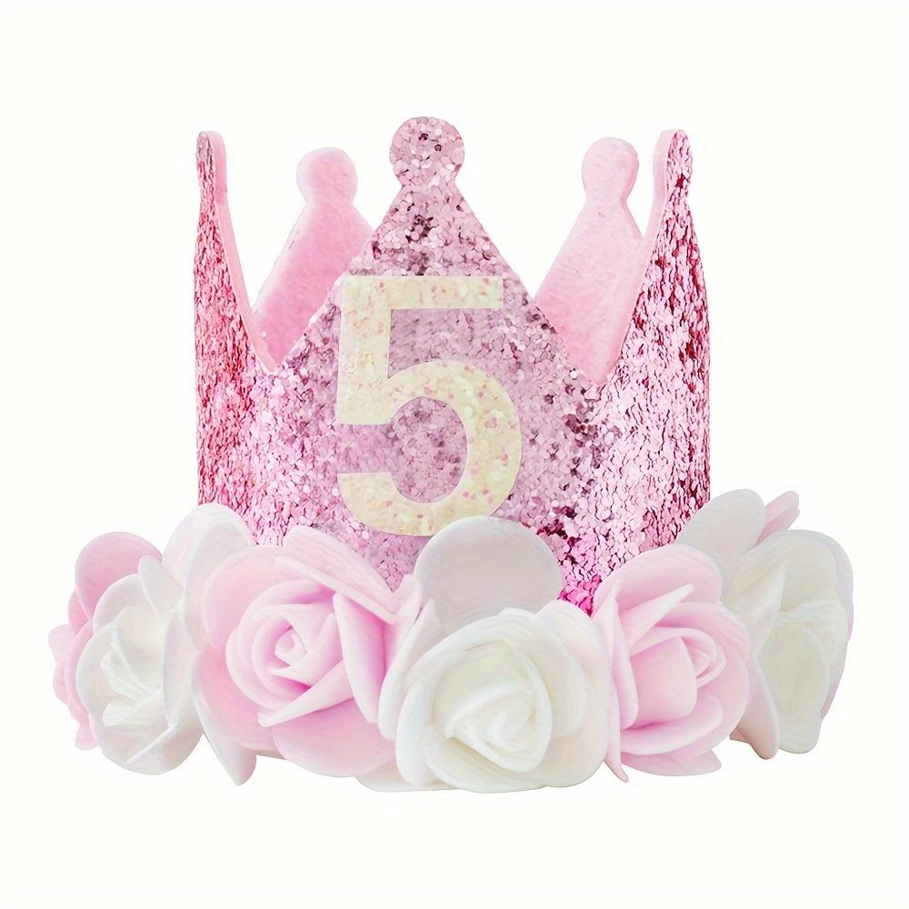 1PC 1, 2, 3, 4, 5 Birthday Hat, Pink and White Flowers and Pink Sequined Felt Birthday Party Crown Hat