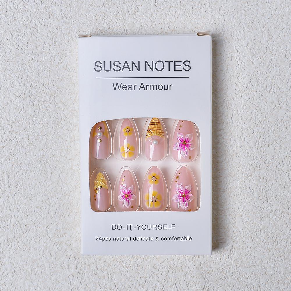 24-Piece Five-Petal Flower 3D Pearl Almond-Shaped Wearable Nails