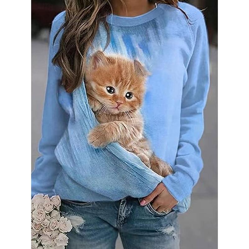 

Women s Pullover Sweatshirt Print Graphic Animal Cat Casual Long Sleeve Crew Neck Regular Tops S