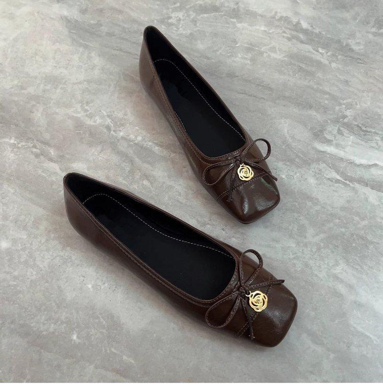 

French retro small fragrant wind shallow mouth square head soft leather grandma shoes casual flat beanie ladyshoes not tired feet single shoes women 40 коричневый