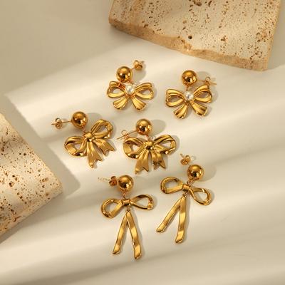 Gold Color Stainless Steel Bowknot Drop Earrings For Women Pierce Drop Stud Accessory
