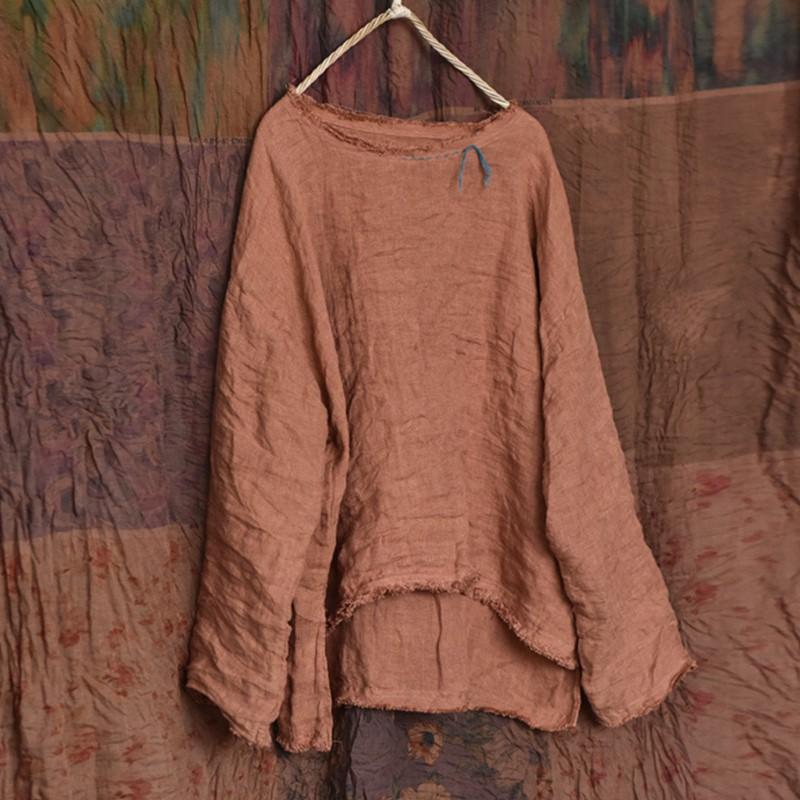 Johnature Vintage Damen T-Shirts Einfarbig Herbst T-Shirts O-Ausschnitt Langarm Stickerei Unregelmäßig Damen T-Shirts