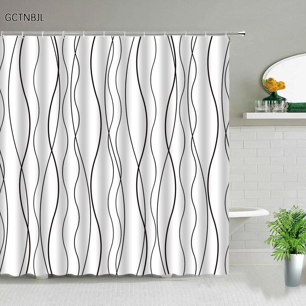Black And White Stripes Shower Curtains Geometry For Bathroom Decor Screen Waterproof Fabric Bathtub Curtain With Hooks Washable