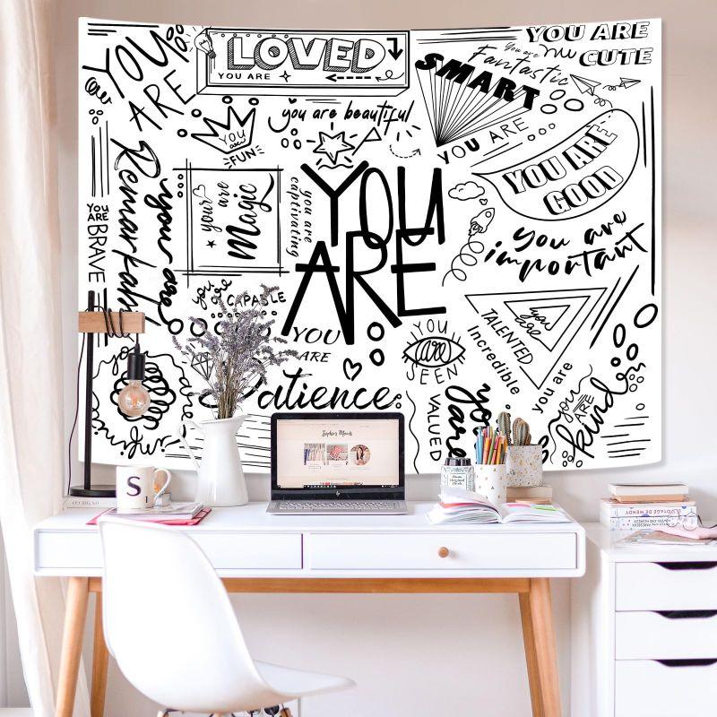 Positive Energy Graffiti Tapestry, Black White Wall Hanging, Motivational Wall Decor for Bedroom Dorm, Street Style