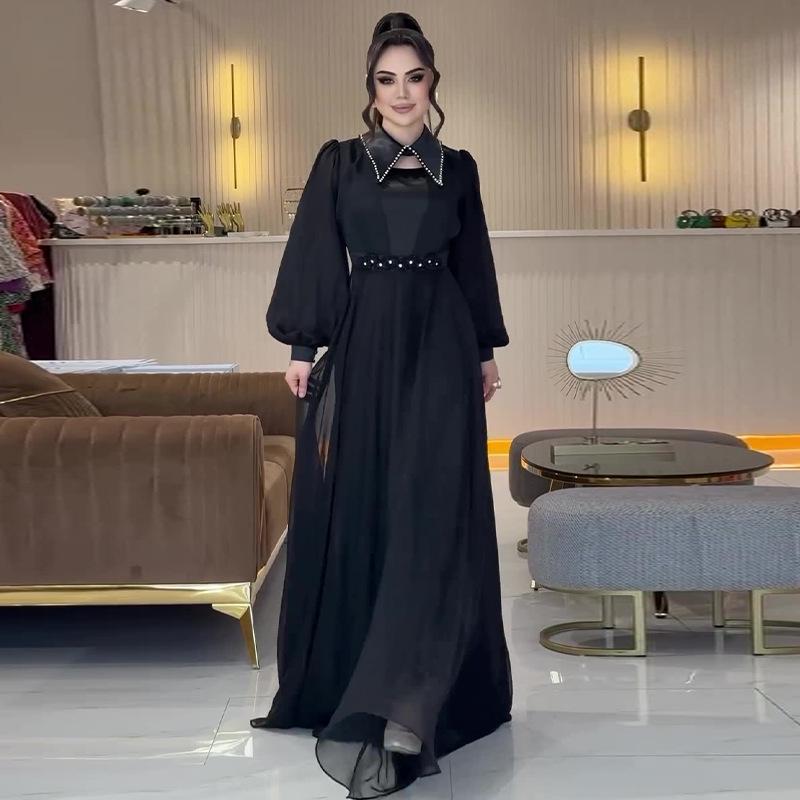 

Модное женское осеннее длинное платье в стиле Хепберн с лацканами и сетчатыми вставками XL чёрный