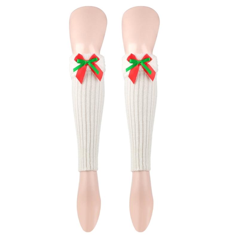 Ribbed Knitted Christmas Boot Cuffs for Women Sweet Bowknot Festival Plush Trim Leg Warmers Calf Socks for Cold Weather
