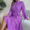 Women Long Sleeve A Line Dress High Waist Stand Collar Pleated Solid Long Dress Autumn Winter Sizes S To XXXL