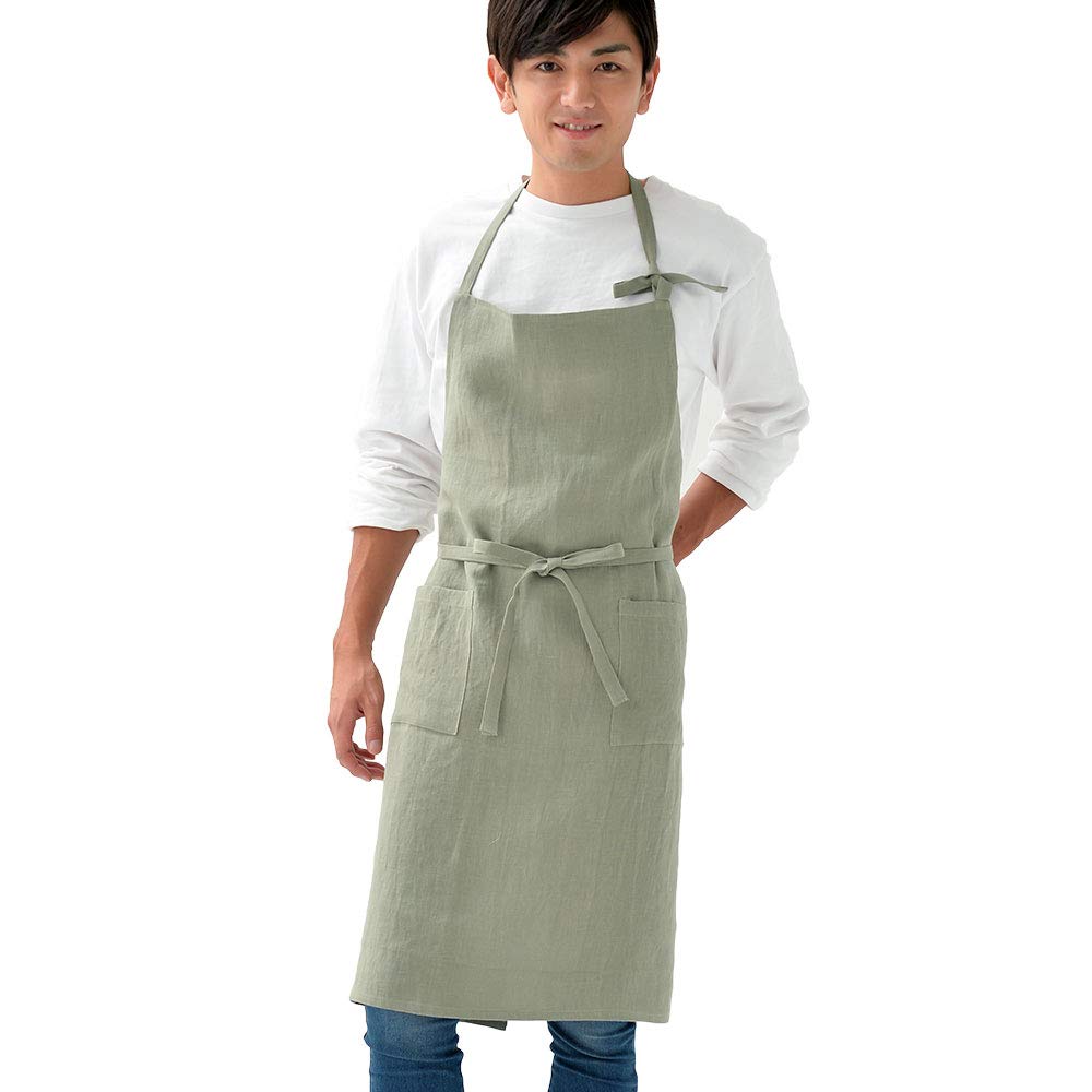 Fabrizm Made In Japan Full Apron Long Length Soft Linen Grayish Green 1581-gr-gr