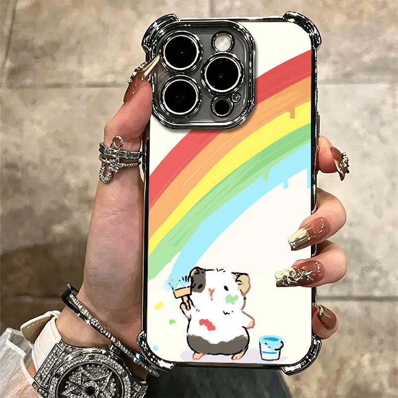 Cartoon Cute Hamster Plating Phone Case For Iphone 16 17 Pro Max Air 16E 14 15 Plus 12 13 Mini Anti-Fall Airabag Cover