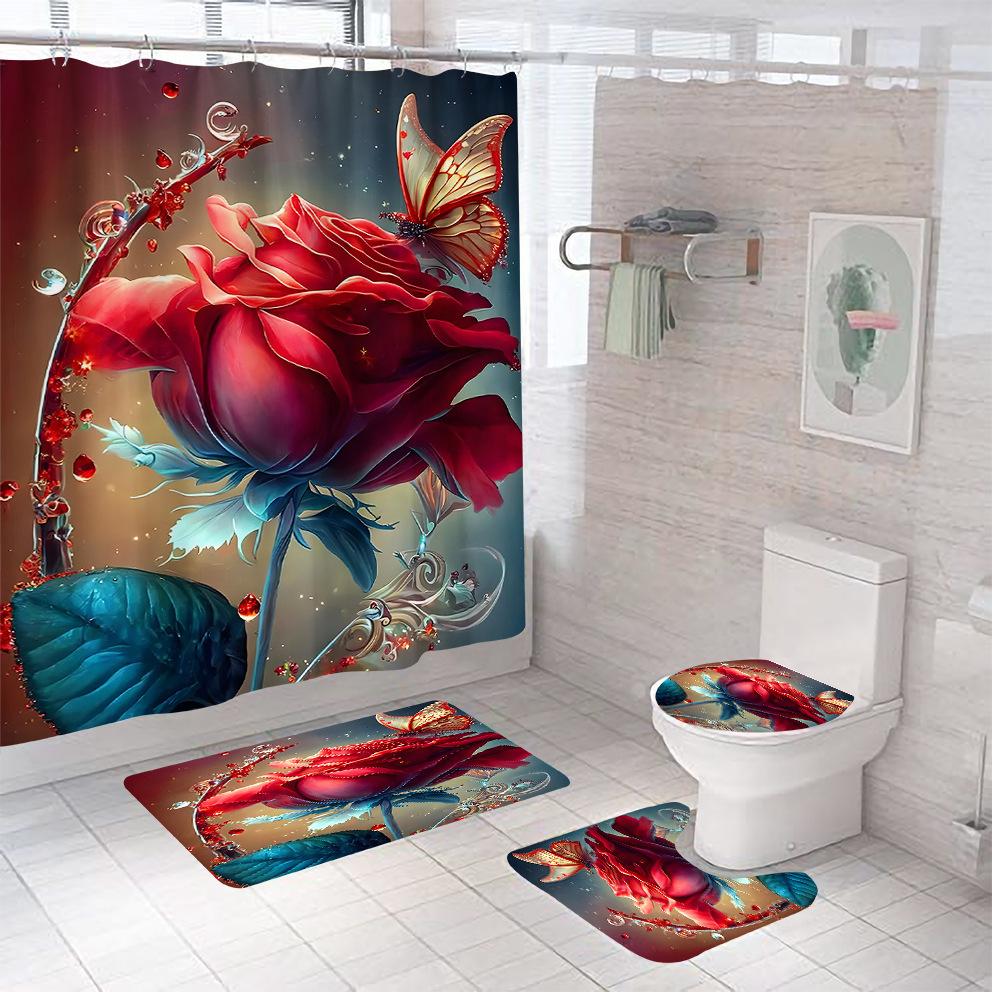 3D Cyfrowy Nadruk Róża Zasłona Prysznicowa Łazienkowa, Zestaw Trzyczęściowy Czteroczęściowy