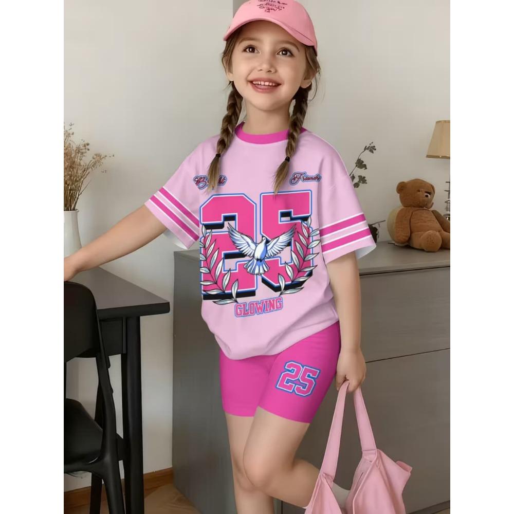 Summer New Young Girl Sets Number 23 Print Crew Neck Short Sleeved Cute T-Shirt Shorts Women's Casual 3D Print T-shirt Tops Tee