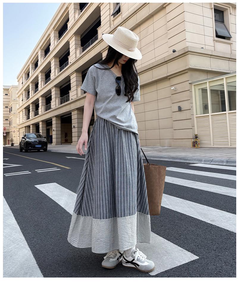 Damen Hohe Taille Japanischer Retro Streifen A-Linien Schirmrock – Schlankmachend und Elegant für Frühling/Sommer