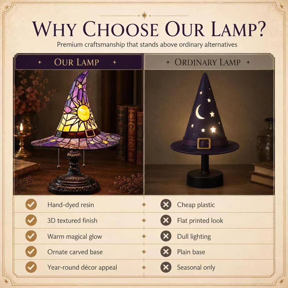 Witch Hat Lamp, Stained Glass Handcrafted Retro Resin Witch Lamp for Halloween Desk Decor, Gothic Wizard Hats Night Light