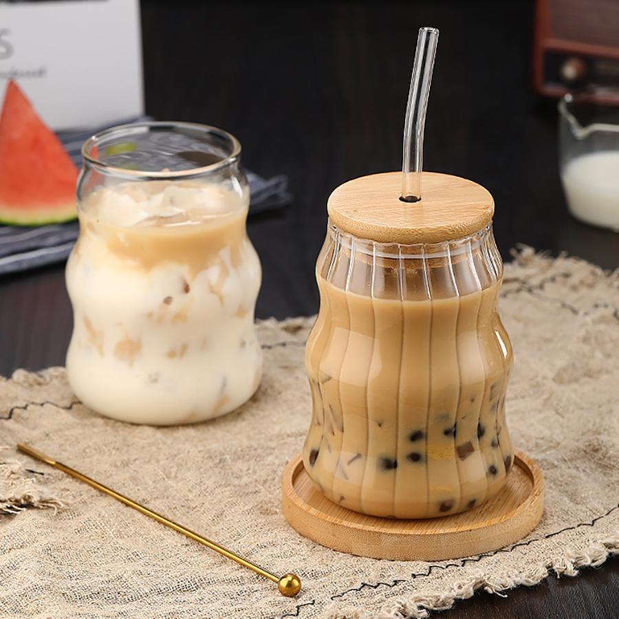 Drinking Glasses with Bamboo Lids and Glass Straw 15oz Glassware Set Glass Tumbler for Iced Coffee Juice Drink Milk