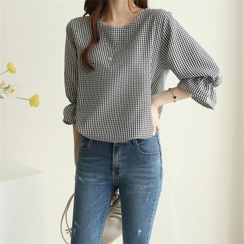 Lotus Leaf Sleeve Thousand Bird Grid Round Neck Casual Top Women's Summer Korean Version Small Fresh Loose Mid Sleeve Tailcoat Shirt