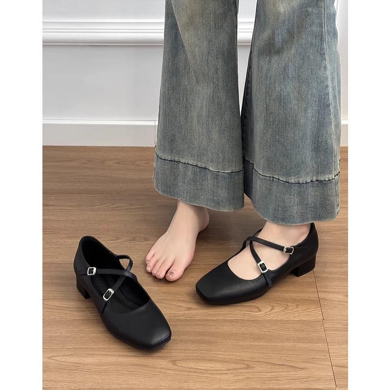 Cowhide~ Genuine leather French retro silver light mouth single shoes women's thick heel versatile Mary Jane high heels small leather shoes