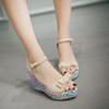 Plus size 34-43 Bowknot Women Summer Open Toe Wedges Sandals Print Platform Women Sandals Pink Blue High Heels Sandalias WSH3923