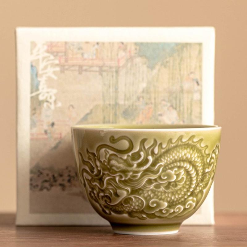 Relief Gragon Master Cup Retro Chinese Kung Fu Tea Set Ceramic Teaware Teacup Japanese Household Tea Bowls Tea Ceremony for Gift