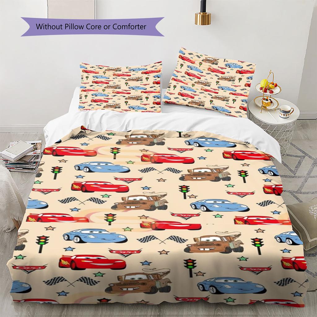 Dreiteiliges Bettwäsche-Set mit Cars-Cartoon-Print, bestehend aus Bettbezug und Kissenbezügen, weich und atmungsaktiv, Bettdecke nicht enthalten.