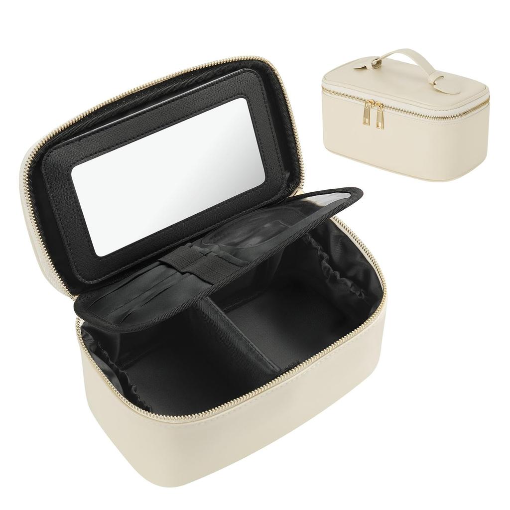 ATiC Large Capacity Makeup Pouch with Removable Vanity Style Cosmetic Small Perfect for Makes a Great Beige Mirror, Bag, Portable, Organizer,