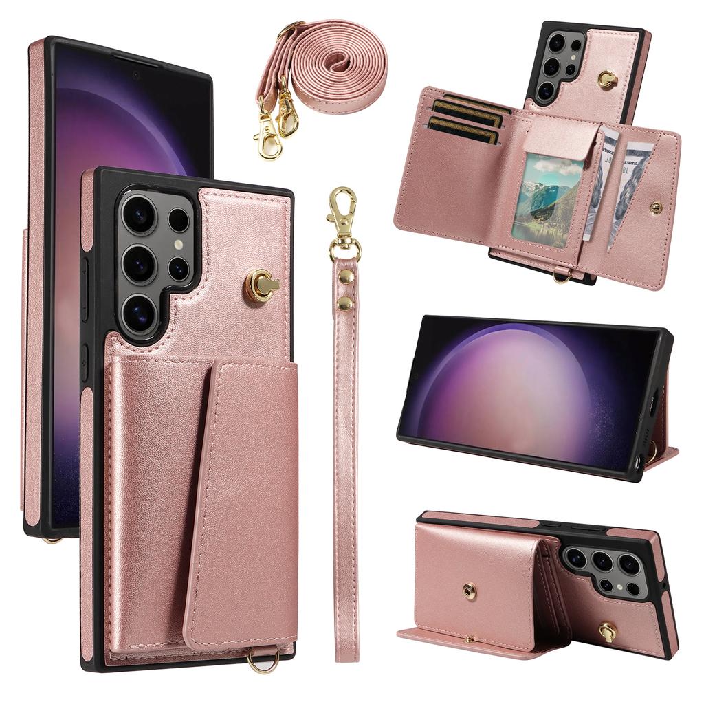 For Samsung Galaxy S24 Ultra Crossbody Phone Case Card Holder Kickstand Leather Coated TPU Mobile Cover