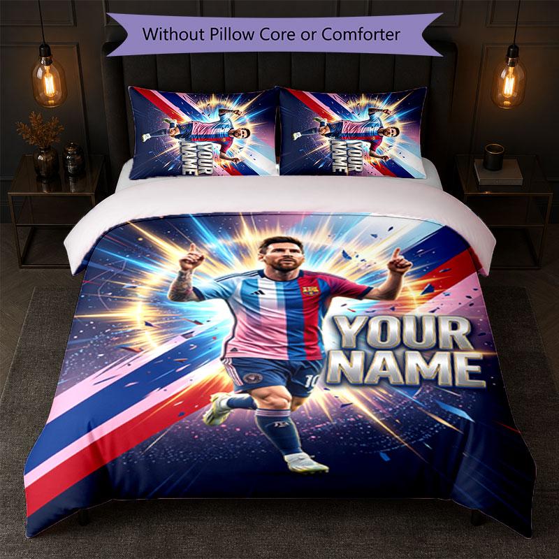 Set Biancheria da Letto Personalizzato con Nome Lionel Messi 1 Copripiumino+2 Federe Logo Calcio Regalo Personalizzato per Occasioni Speciali Decorazione Camera da Letto
