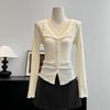 French Lace Patchwork V-neck Knit Cardigan for Women - Slim Fit Autumn/Winter Top