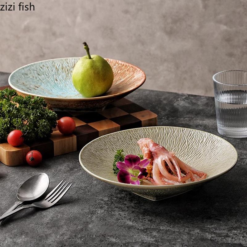 Creative Texture Ceramic Deep Plate Vintage Salad Plate Thick Soup Plate Dessert Pasta Plates RestaurantFeatured Tableware