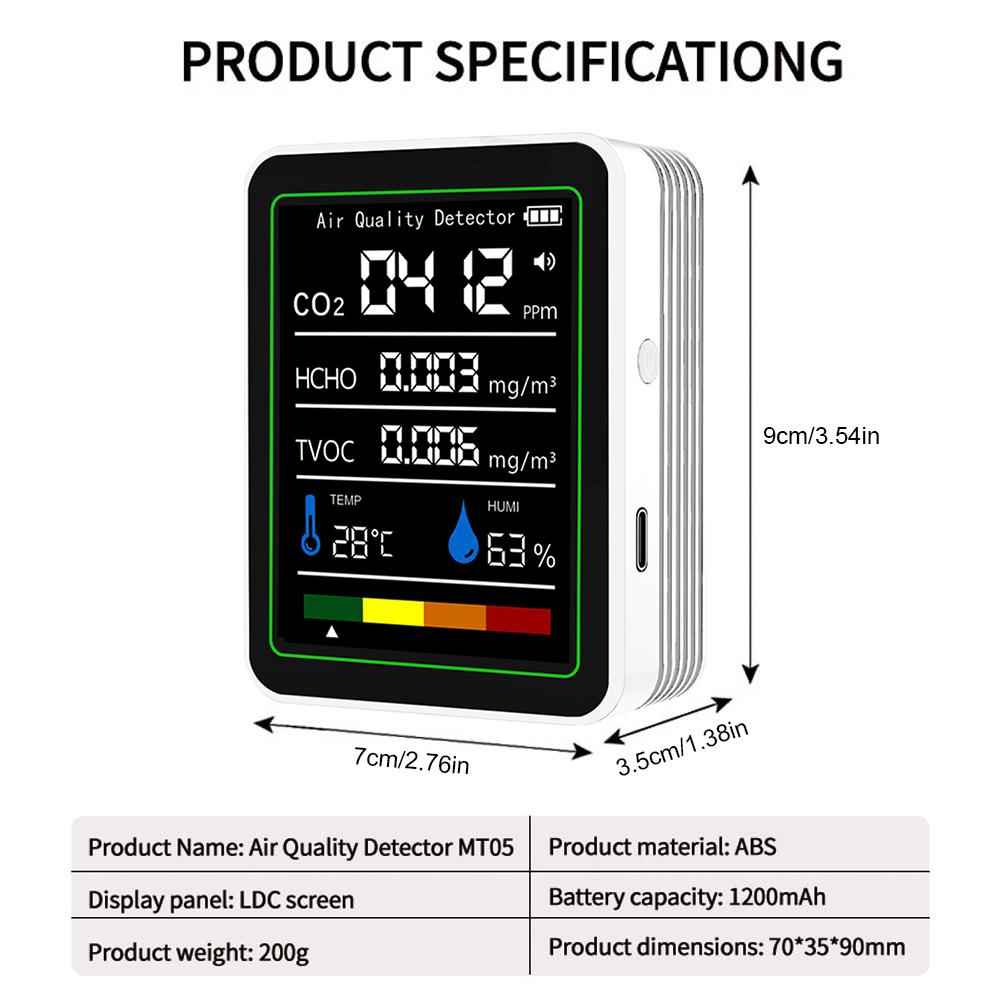 5 In 1 Formaldehyde Monitor Digital Display Carbon Dioxide Detector Temperature Humidity Monitor for Air Quality Detecting