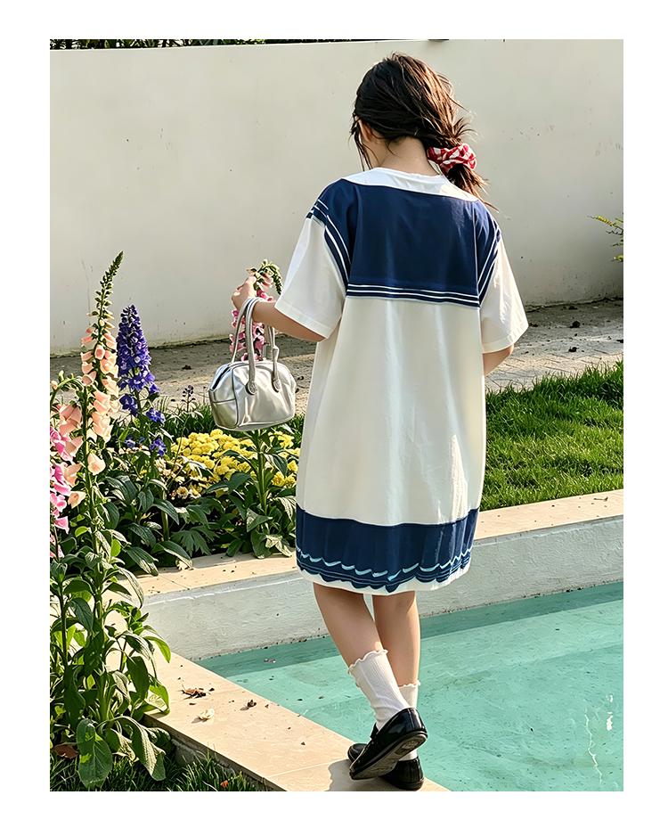 Navy collar dress for girls in summer, thin design for junior high school growth, T-skirt print, mid length skirt, college style, big kid