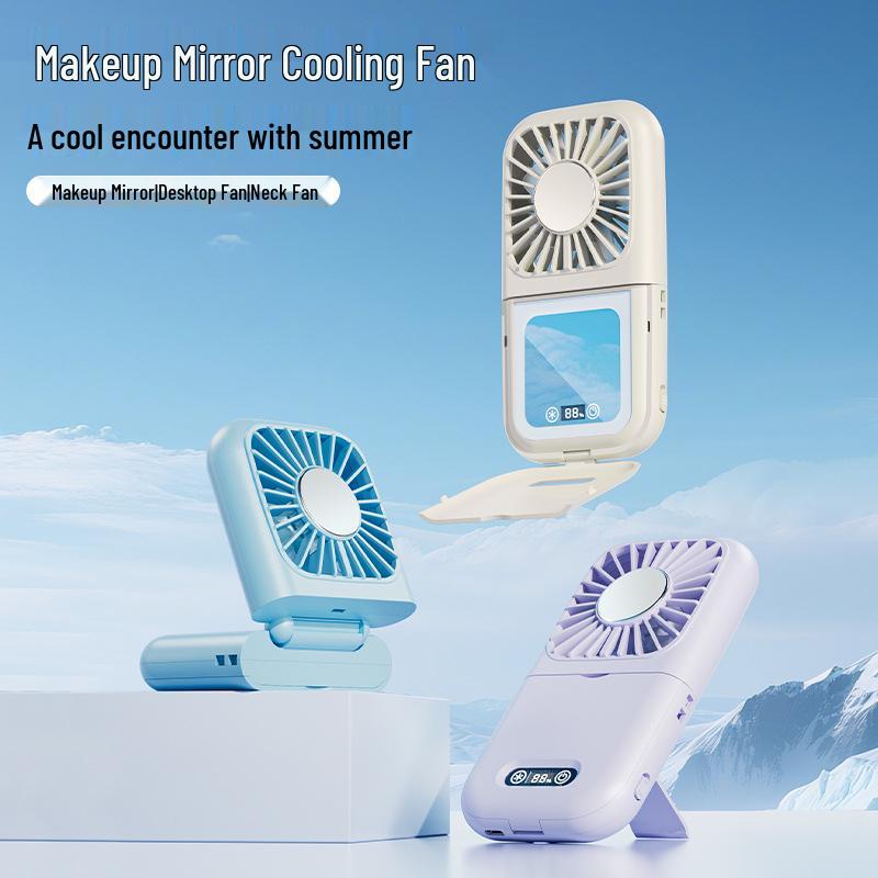 26-Year New Model: Portable Makeup Mirror Fan with Cooling, Foldable Fill Light, Digital Display, Neck Hanging Feature for Students