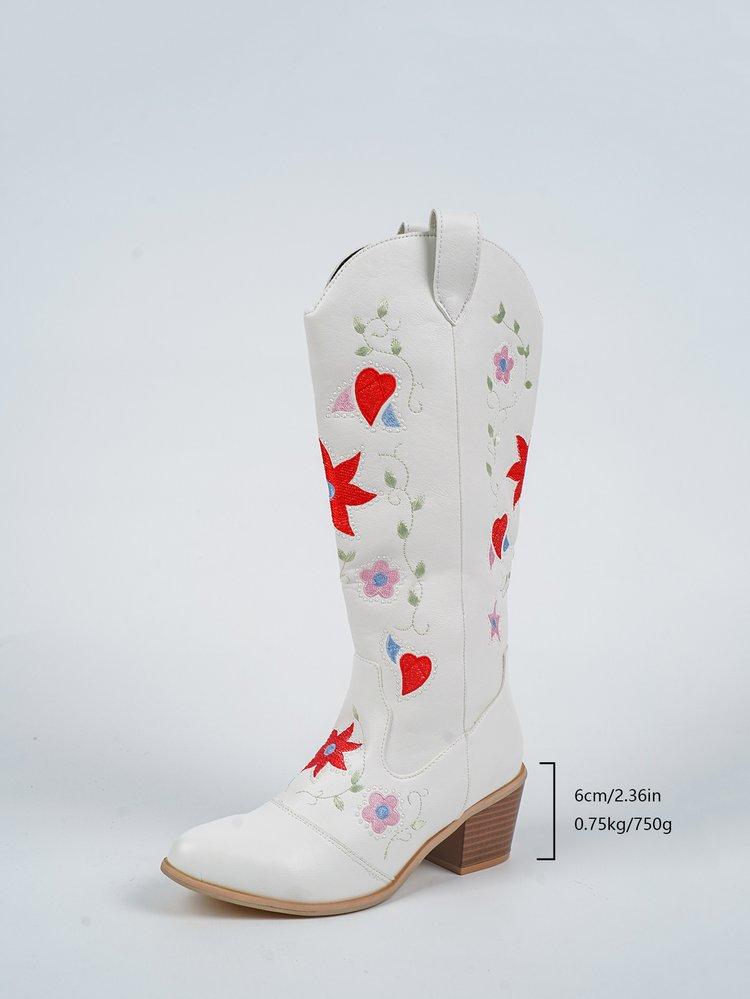 Autumn new European and American style mid-heel embroidered high boots women's large size embroidered thick heel leather knight cowboy boots