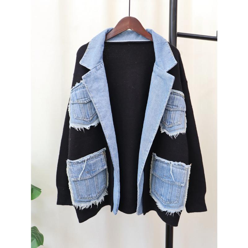 Autumn and Winter New Denim Splicing Sweater Jacket Women's Design Sense Loose Casual Versatile Knitted Cardigan