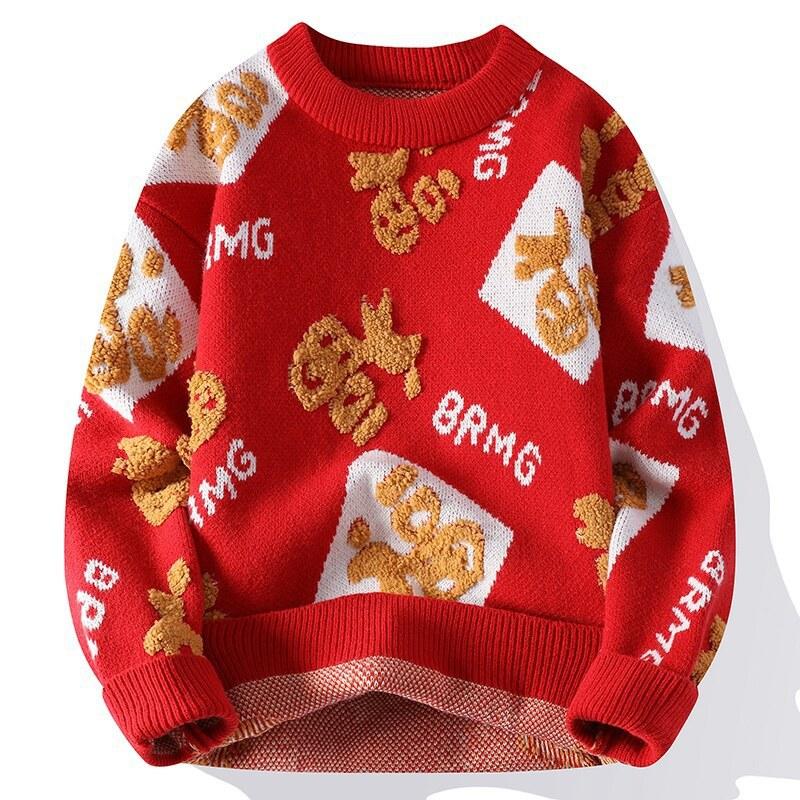 Hot Selling Explosive Autumn and Winter New Casual Crew Neck Loose Sweater Chinese Red Fuzi Knitted Sweater for Men