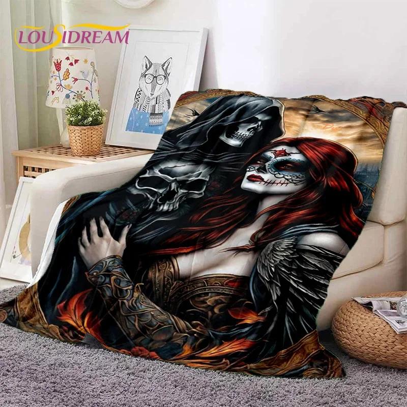 Totenkopf Totes Mädchen 3D Gothic Horror Weiblich Rose Weiche Flanelldecke für Betten Schlafzimmer Sofa Picknick, Überwurfdecke zum Zudecken Freizeit