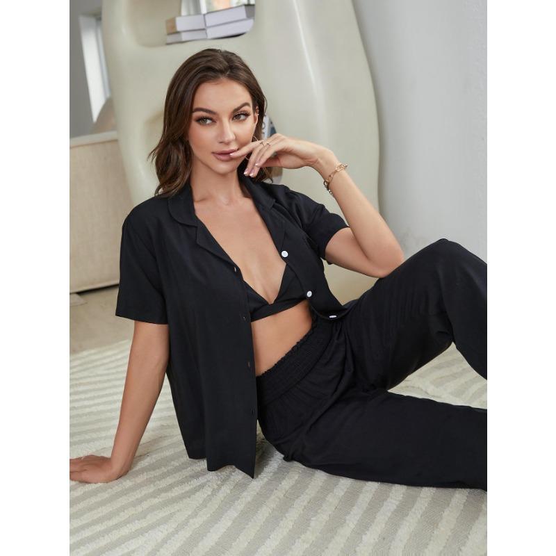 Pajamas Women's Spring and Autumn Short-sleeved Cardigan Homewear Three-piece Set Sleeping Suits